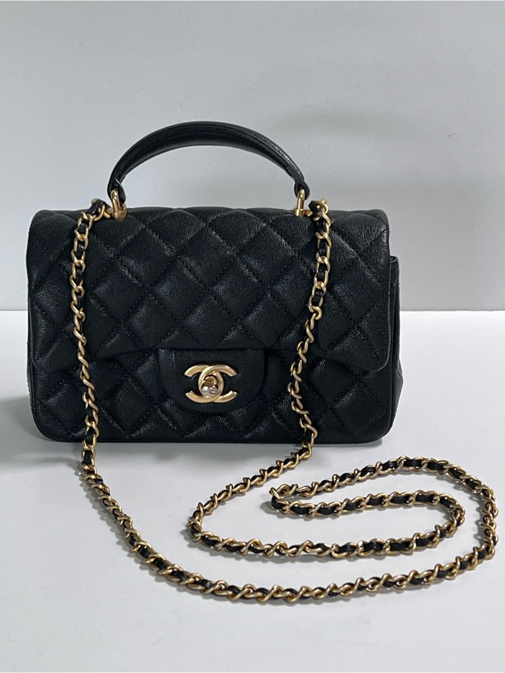 Chanel Mini Top Handle Rectangle Black Caviar Gold Brushed Hardware 2021